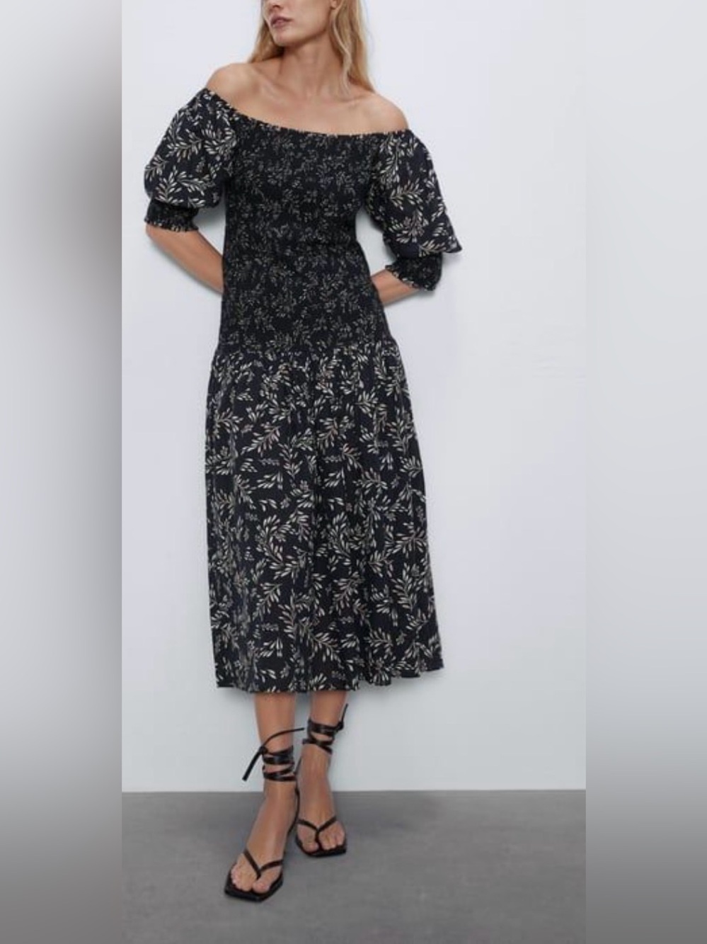 Zara - Terry Floral Puffy Sleeve Smocked Body Square Neck Midi Dress Size Small